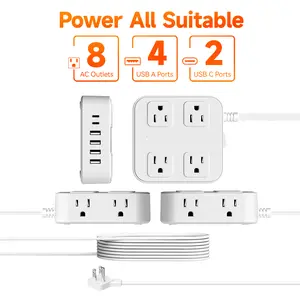 8-Outlet Surge Protector Power Strip with  4 USB A Ports，2 USB-C, Flat Plug, Wall Mount，5FT Cord outdoorfun Modern Socket