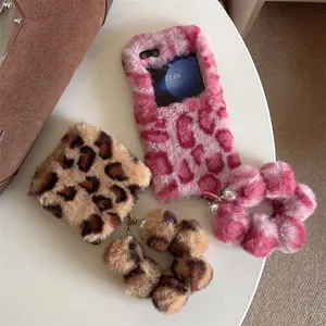 Fashion Leopard Print Fluffy Plush Wrist Strap Bracket Phone Case For Samsung Galaxy Z Flip 7 6 5 4 3 Zflip7 Shockproof Cover