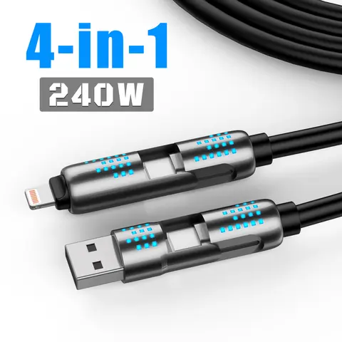 240W 4-in-1 Fast Charging Cable - Durable Alloy USB-C High-Power Mobile Charger with 4-in-1 Ports, 5A PD, Lightning, Type-C, USB-A, Silicone Connection for Android Cellphone, Electronic Devices