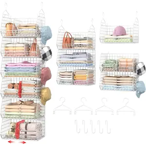 6 Tier   Closet Organizer, Closet Storage  with Dividers, Wire Closet Shelf with 5 S Hooks 4 Dividers,Sweater Handbag Hat Accessory Storage Hanger,White