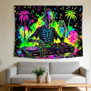 Neon Skeleton DJ Psychedelic Nightglow Tapestry - UV Blacklight Wall Hanging,Tropical Party,Vibrant Rave Style,Suitable for Home Decor,Valentine's Day,Easter,St.Patrick's Day,Halloween,Christmas and Other Festival Decorations.