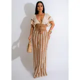Skirt Sets Women 2 Piece Outfits Crochet Crop Tops and Striped Maxi Skirt Vacation Outfit Hawaiian outfit Featuring an openwork knit texture design Suitable for vacations, beaches, and cruises Valentine's Day