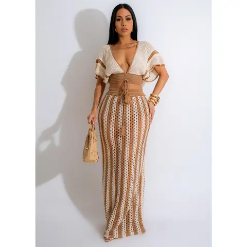 Skirt Sets Women 2 Piece Outfits Crochet Crop Tops and Striped Maxi Skirt Vacation Outfit Hawaiian outfit Featuring an openwork knit texture design Suitable for vacations, beaches, and cruises Valentine's Day