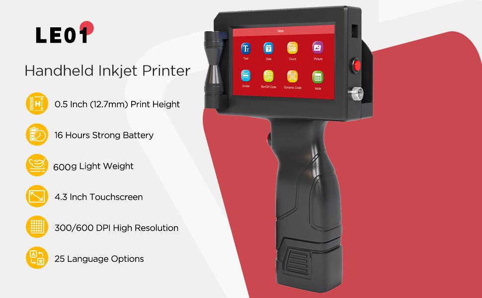 Leaice Handheld Inkjet Printer for Flat Surface 0.5 Inch Nozzle for QRCode Barcode Production Date Time Logo Batch Number Print On Glass Bag Carton Box Wood Cloth Plastic Cable (25 Languages)