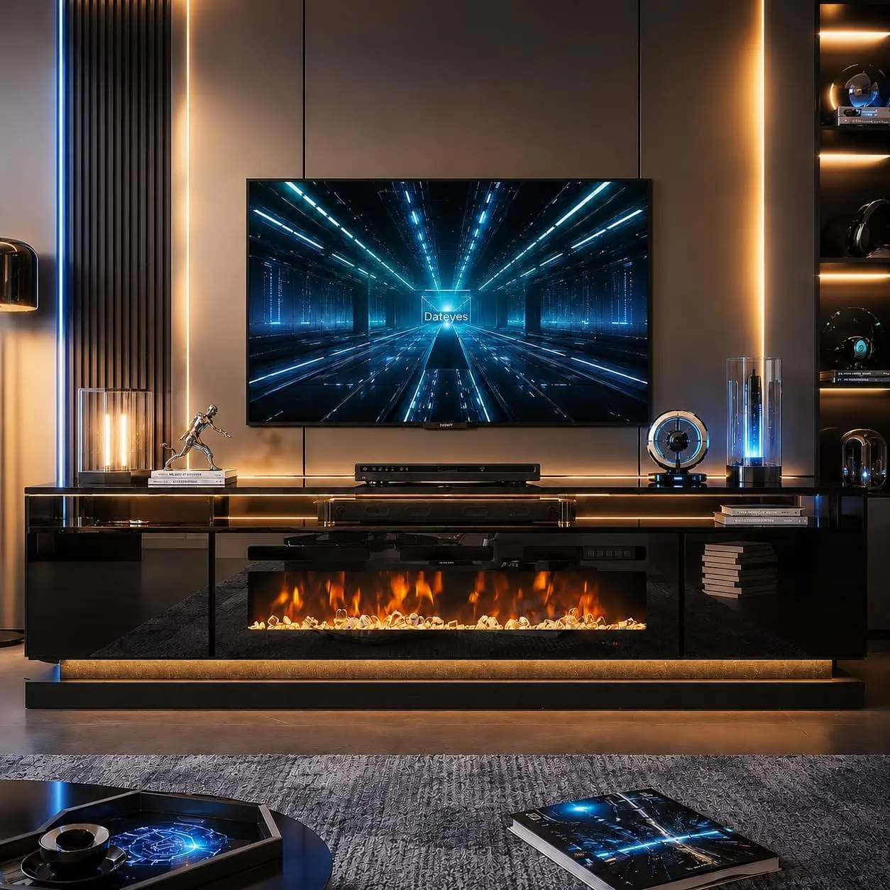 Aoxun TV Stand with 36" Electric Fireplace High Gloss Finish Wall Mounted Entertainment Center for TVs Up to 90" Black TV Stand and Black Fireplace with Adjustable Flame & RGB Light Strips,dorm essentials,home decor