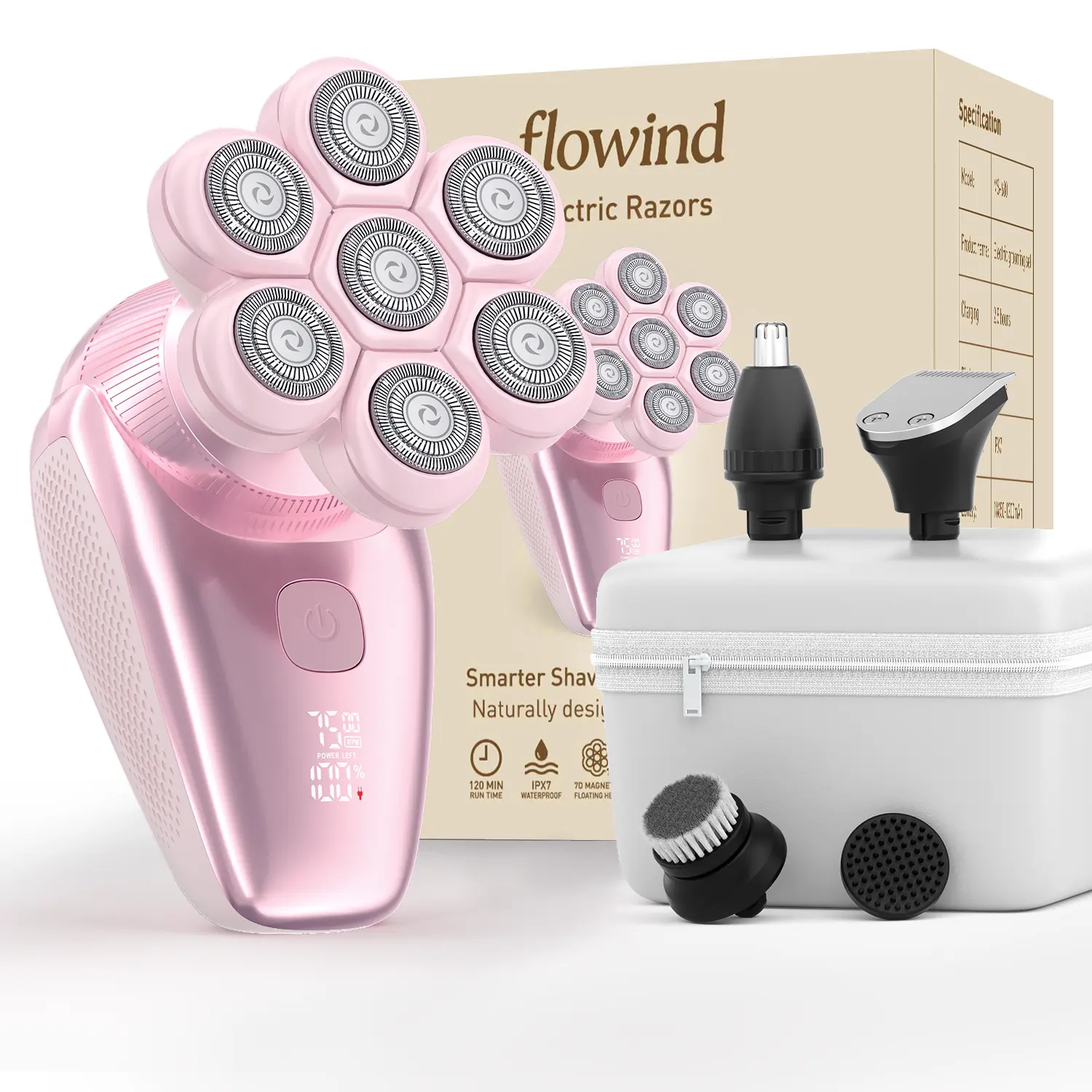 Flowind 5-in-1 Electric Razor for Women with Storage Bag, Painless Bikini Trimmer & Body Shaver, IPX7 Waterproof Wet/Dry Use, 120-Min Type-C Rechargeable, Smooth Shaver, Ideal Gift Pink