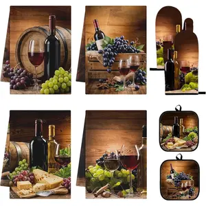 8 Pcs Farmhouse Kitchen Decor Set Heat Resistant Oven Mitts and Pot Holders Modern Kitchen Dish Towels Set Vintage Winery Decor for Home Cooking Baking Gift