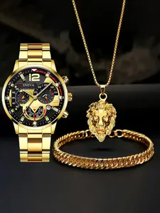 Men's Stainless Steel Quartz Watch Set with Lion Pendant Necklace Bracelet, Business Casual Gift, All Seasons Wear