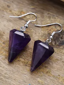 Natural Stone Conical Pendulum Earrings, Amethyst Quartz Stainless Steel, Boho Style, Plain Pattern, All Seasons Jewelry