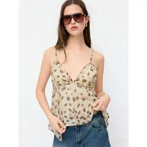 Cider Chiffon Leopard V-Neck Asymmetrical Hem Rhinestone Embellished Oversized Cami Top