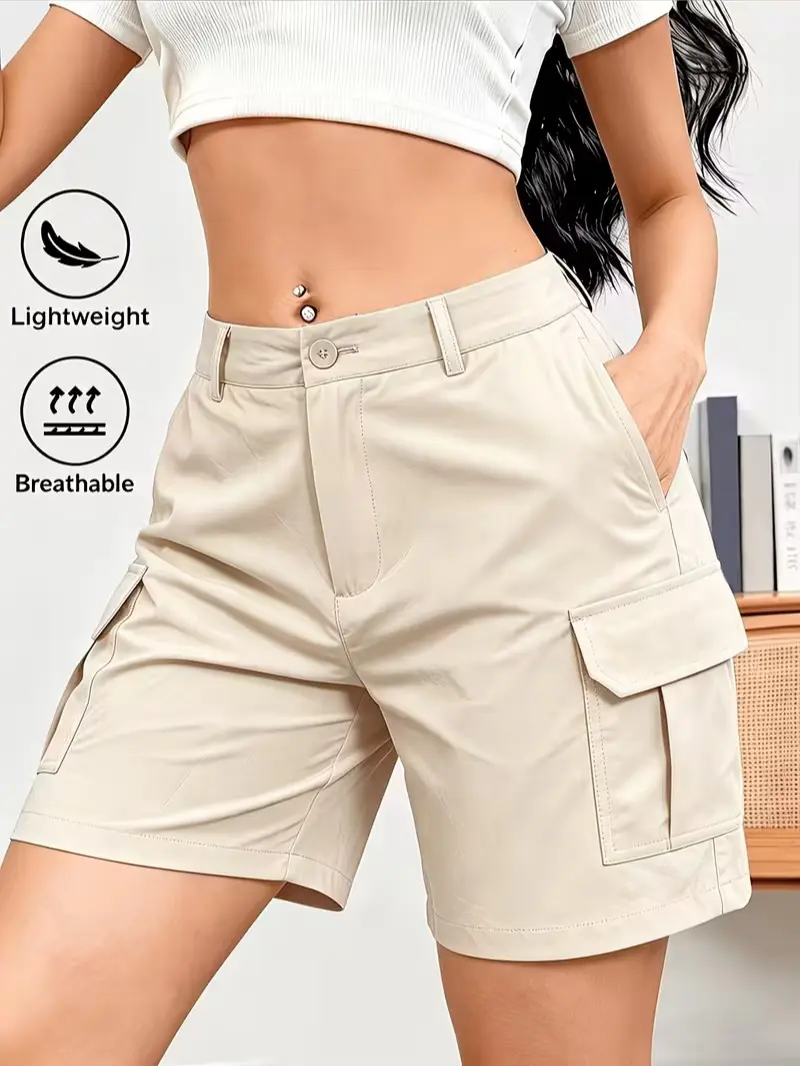 Women’s Summer Cargo Shorts, Y2K Style, Button Waist and Large Pockets Design, Multiple Colors Available, Suitable for Everyday Casual Wear in Summer