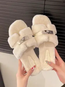 Mao Mao Women's Soft Furry Slippers 2025 Spring Autumn Round Toe Non-Slip Sole Adjustable Straps Elegant Home Wear Flipflop Girl Walking Shoes Fuzzy House Slippers Warm Slippers