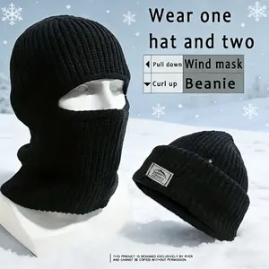 A 2-in-1 polyester knitted balaclava with a windproof face shield - casual style, solid color, medium stretch and warm polyester filling - machine washable, unisex winter headwear.
