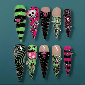 Neon Punk Scene-Core Press-On Nails – 3D Black Skulls & Ribbons, Hot Pink Leopard Print And Lime Green Stripes