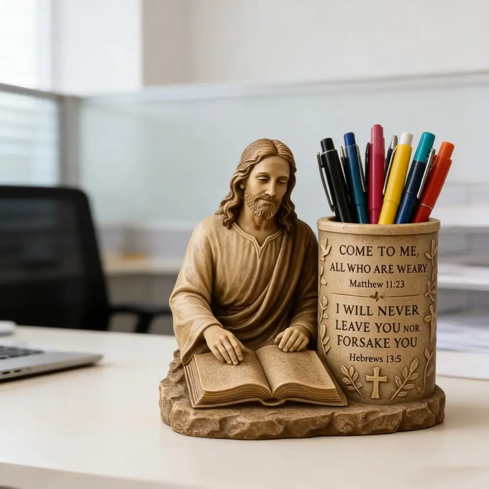 Jesus Pen Holder, Retro Resin Statue with Bible Verse, Office Desk Decor, Aesthetic Desk Accessories, Desktop Accessory, Office Supplies, Prayer Table Centerpiece, Resin Craft Ornament for Church or Gift