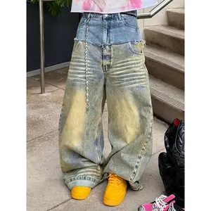 Men’s vintage patchwork denim jeans, high waist loose fit, multi-pocket straight leg, casual ombre style, all seasons wear