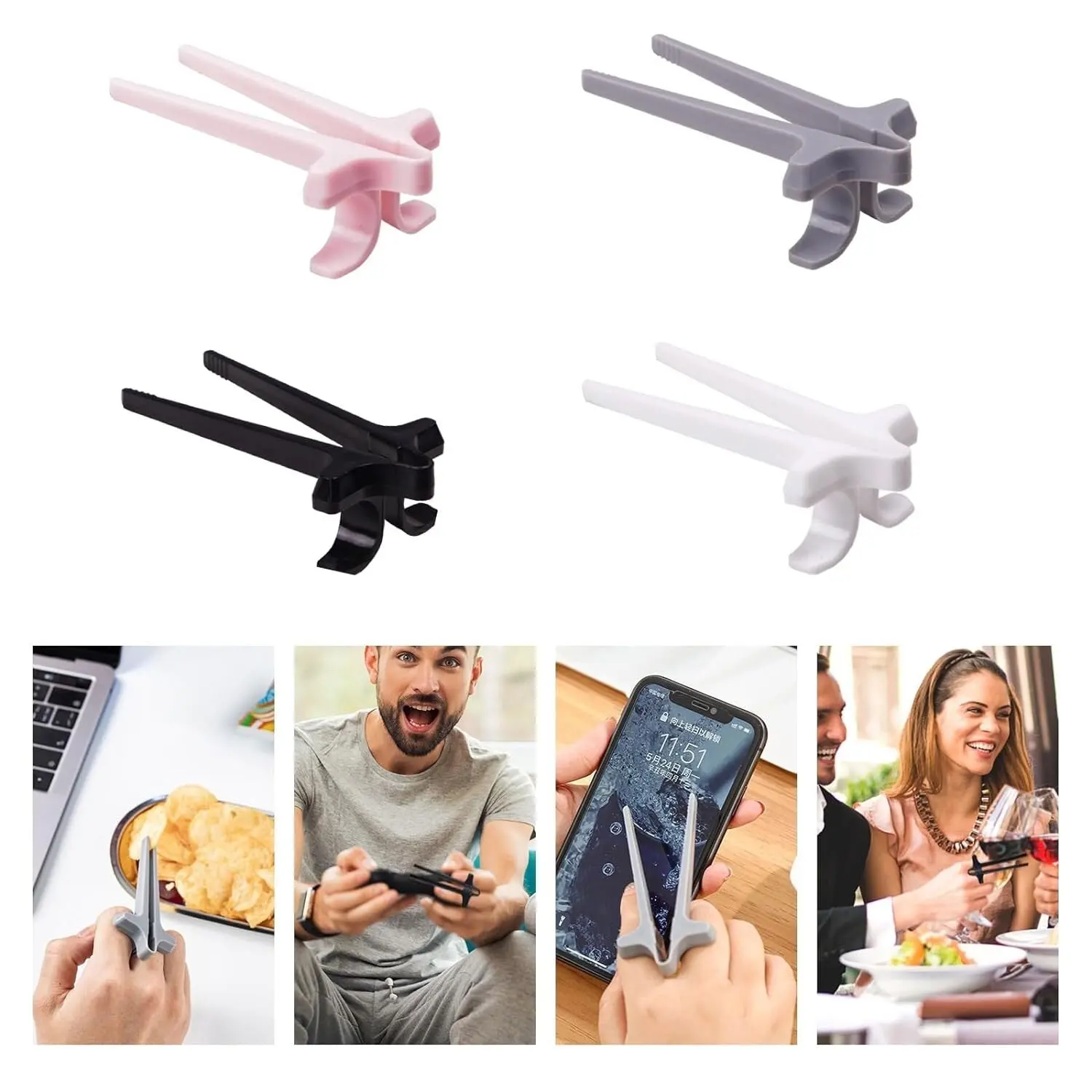 8-Pc Finger Chopsticks for Gamers &amp; Snacking — White, Grey, Pink &amp; Black