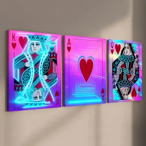 3-count wooden frame canvas, neon cyber-style red heart card poker art poster, game room decoration, fashionable living room decoration art, modern family poster, suitable for corridor, office, room and bedroom decoration, waterproof printing