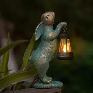 ISUNMEA Garden Statues Rabbit with Solar Lantern Resin Outdoor Bunny Figurines Decorations for Patio Yard Lawn Ornaments Gifts for Birthday Easter Housewarming