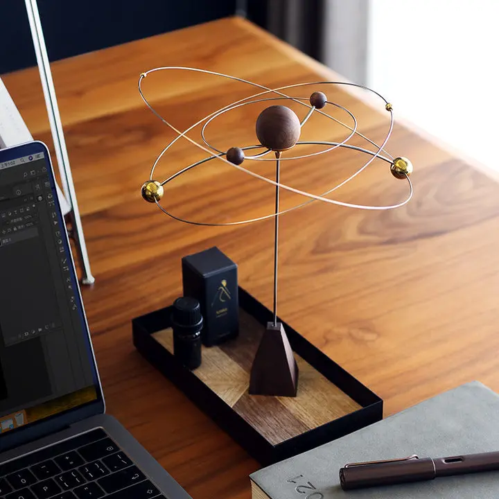 Galaxy Kinetic Balance Ornament - Walnut Wooden & Aluminium Metal Orbital Desktop Sculpture, Premium Collectible Decor Gift