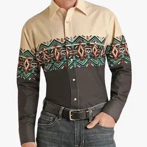 Western Cowboy Punk Style Printed Shirt for Men with Double Chest Pockets, Youth Streetwear Menswear Top Long Sleeve Stripe summer outfits men
