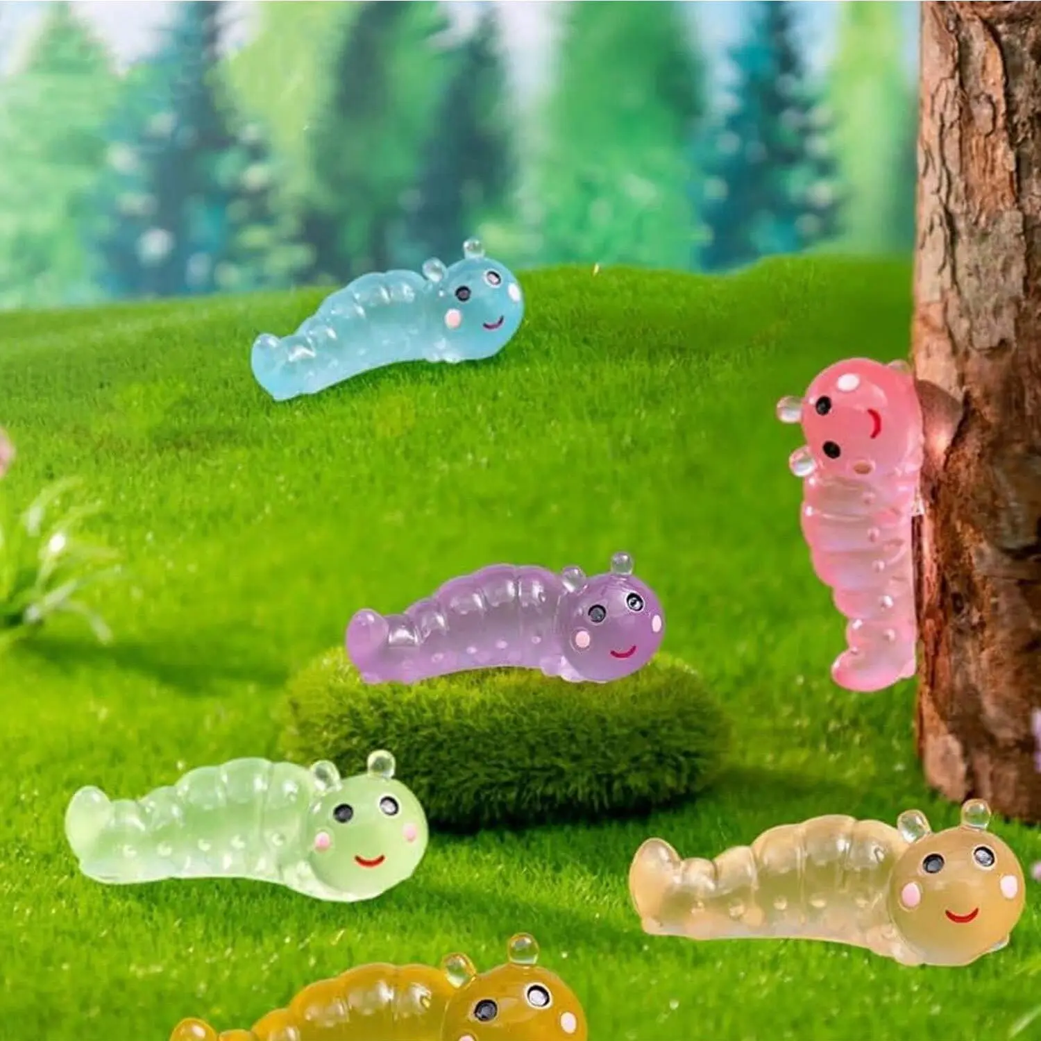 10/30/50Pcs Mini Resin Caterpillar Figures, Luminous Mini Resin Caterpillar Tiny Animal Models for Landscape Micro Garden Aquarium Crafts, Home Party Decoration, Outdoor Garden Accessories, Resin Figurine Statue, Garden Sculptures Statues