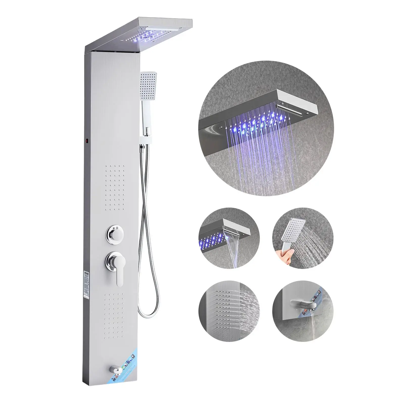 【DealsForYouDays】【FathersDayGift】 VEVOR Shower Panel Tower System with Rainfall Waterfall Shower Head, LED, 53 in Brushed Stainless Steel Shower Column, 5-Function Faucet, Wall-Mount Rain Massage System, with Handheld, Tub Spout
