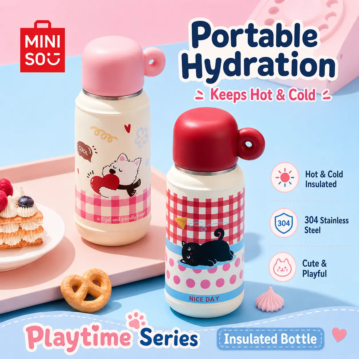 MINISO Go Play Series Insulated Water Bottle 304 Stainless Steel Thermos with Handle Leakproof 610mL/21oz Coffee Tumbler for School Travel Car Use Hot Cold Drinks Flask for Students#Summervibes, Back To School