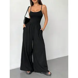 Women's Solid Wide Leg Jumpsuit, Casual Comfy Backless Cami Jumpsuit for Daily Wear, Ladies Clothes for All Seasons
