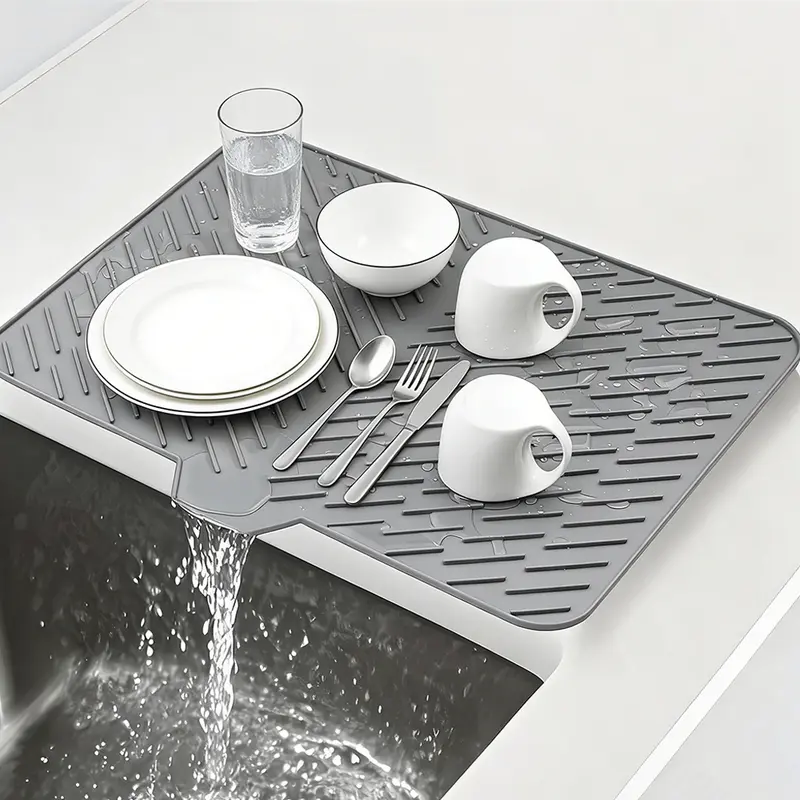 100% Non-BPA Silicone Rectangle Dish Drying Mat - Large 23x17in, Fast Self-Draining, Slope Design with Built-In Drain Lip, Heat Resistant, Anti-Slip Waterproof Indoor Kitchen Counter Coasters (Says Goodbye to Wet Countertops)