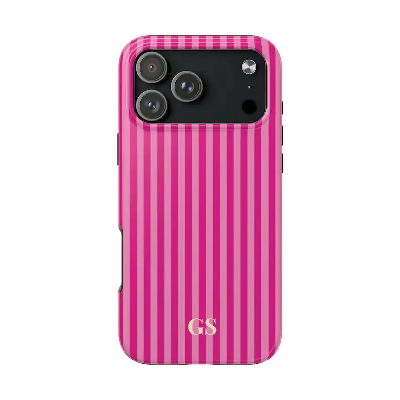 Customized Pink Striped Shock-Cushioned Protective Cellphone Case - Personalized Monogram, Aesthetic Luminous Vintage Retro Luxury, Festive Bow, Wireless Charging Compatible - for iPhone 18/17/16/15/14/13/12/11 Handheld Devices, Casing, Phone Accessory
