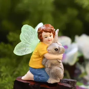 Resin Fairy Embracing Rabbit Statue, Perfect Easter Valentine Home Desktop Decoration, Glow-In-The-Dark Winged Bonsai Collectible Figurine