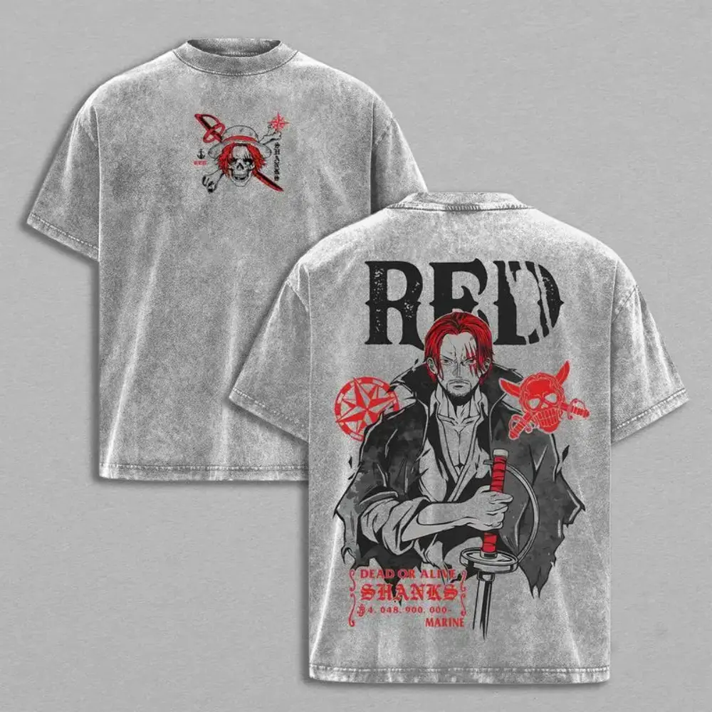 Men's Retro Limited Shanks Red 1 Piece Oversized Anime Graphic Tee - Y2K Double-Printed Acid-Washed Cotton Streetwear Top, Unisex Manga Lover Gift, Blush Pink