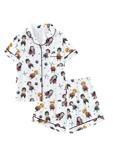 Men's Teen Domon Slayer Anime Collared Short Sleeve Pajama Set, Comfortable Sleepwear for All Seasons, Cute Movie Pajamas Gift