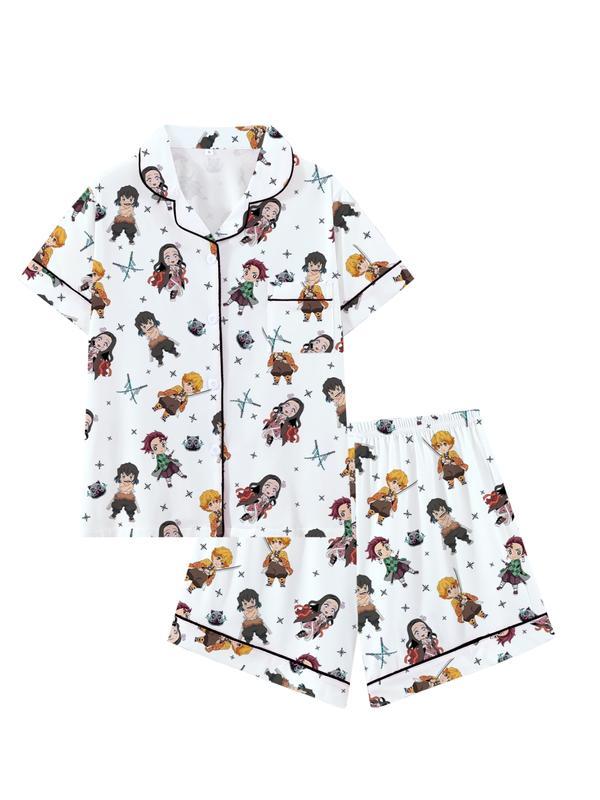 Men's Teen Domon Slayer Anime Collared Short Sleeve Pajama Set, Comfortable Sleepwear for All Seasons, Cute Movie Pajamas Gift