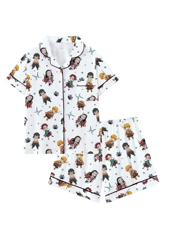 Men's Teen Domon Slayer Anime Collared Short Sleeve Pajama Set, Comfortable Sleepwear for All Seasons, Cute Movie Pajamas Gift
