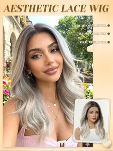16" Ombre Dark Root Silver Ash Blonde Body Wave Wig | 13x4 HD Lace Front Heat Resistant Synthetic Wig for Daily Wear Body Wave Hairstyle Heat Resistant Wigs Synthetic Material Wigs Synthetic Wavy Wig