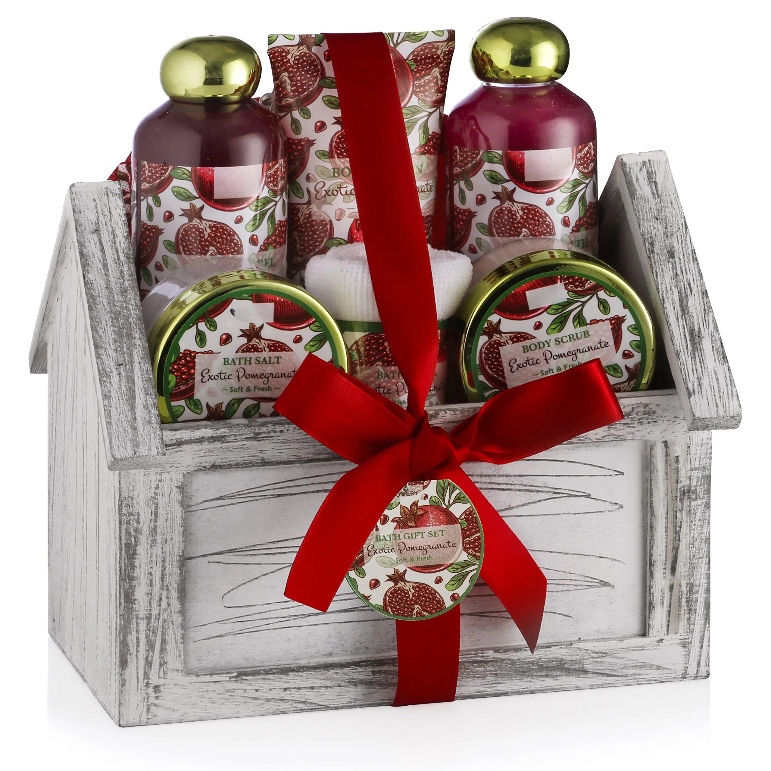 Birthday Gifts From Son  Home Spa Gift Basket 8pc Bath & Body Set For Women Men Pomegranate Scent Shower Gel Bubble Lotion Salt Scrub Towel Bag Wood Case