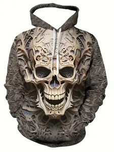 Men's Gothic 3D Skull Print Hoodie, Full Zipper Design, Hollow Out Skeleton Pattern, Warm Winter Streetwear, Ideal Gift for Men