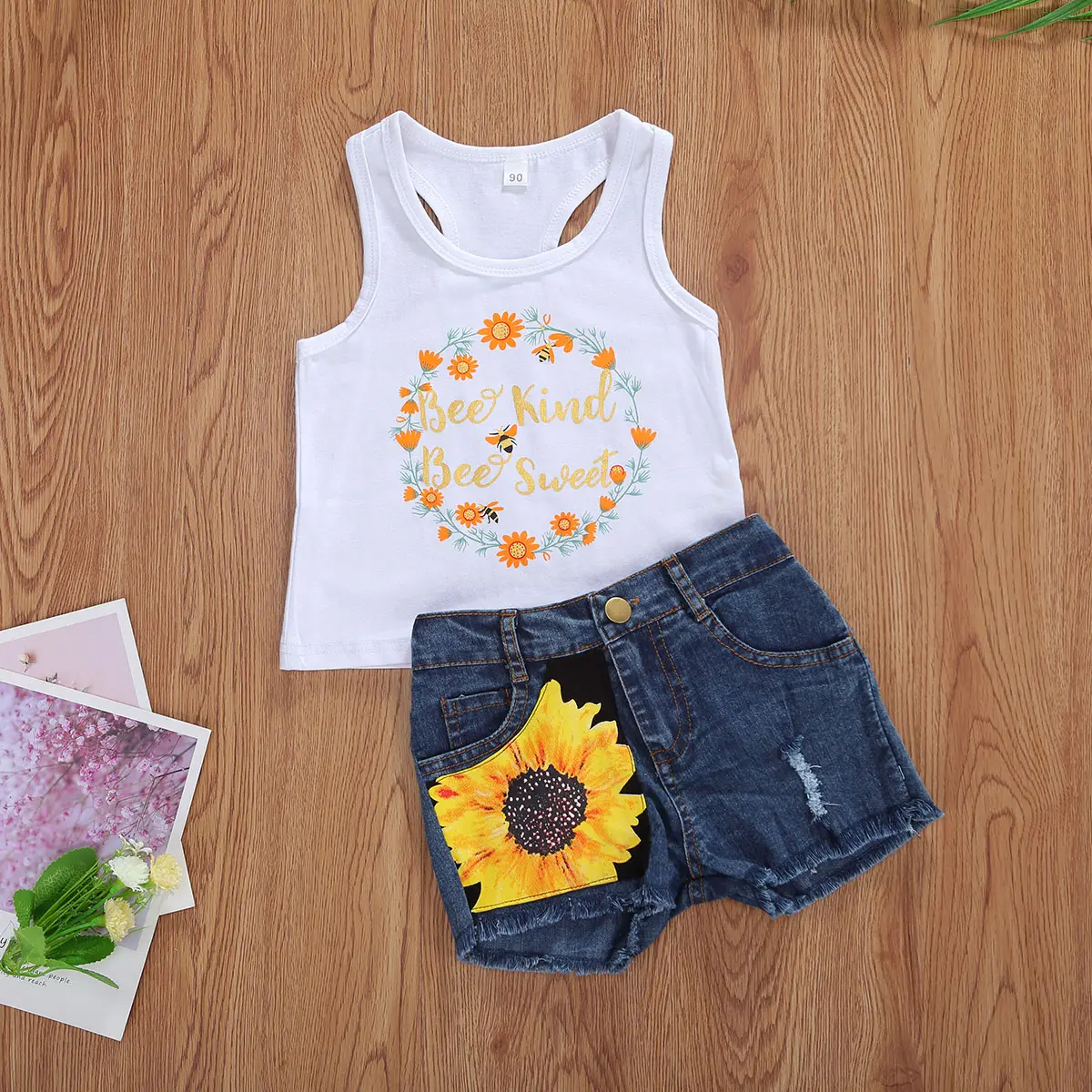 Girls' 2-Piece Cotton & Denim Summer Outfits (3-4 Years) - Twist Casual Sleeveless Round Neck Printed Top + Side Pockets Shorts, 21-25 cm, Medium Stretch