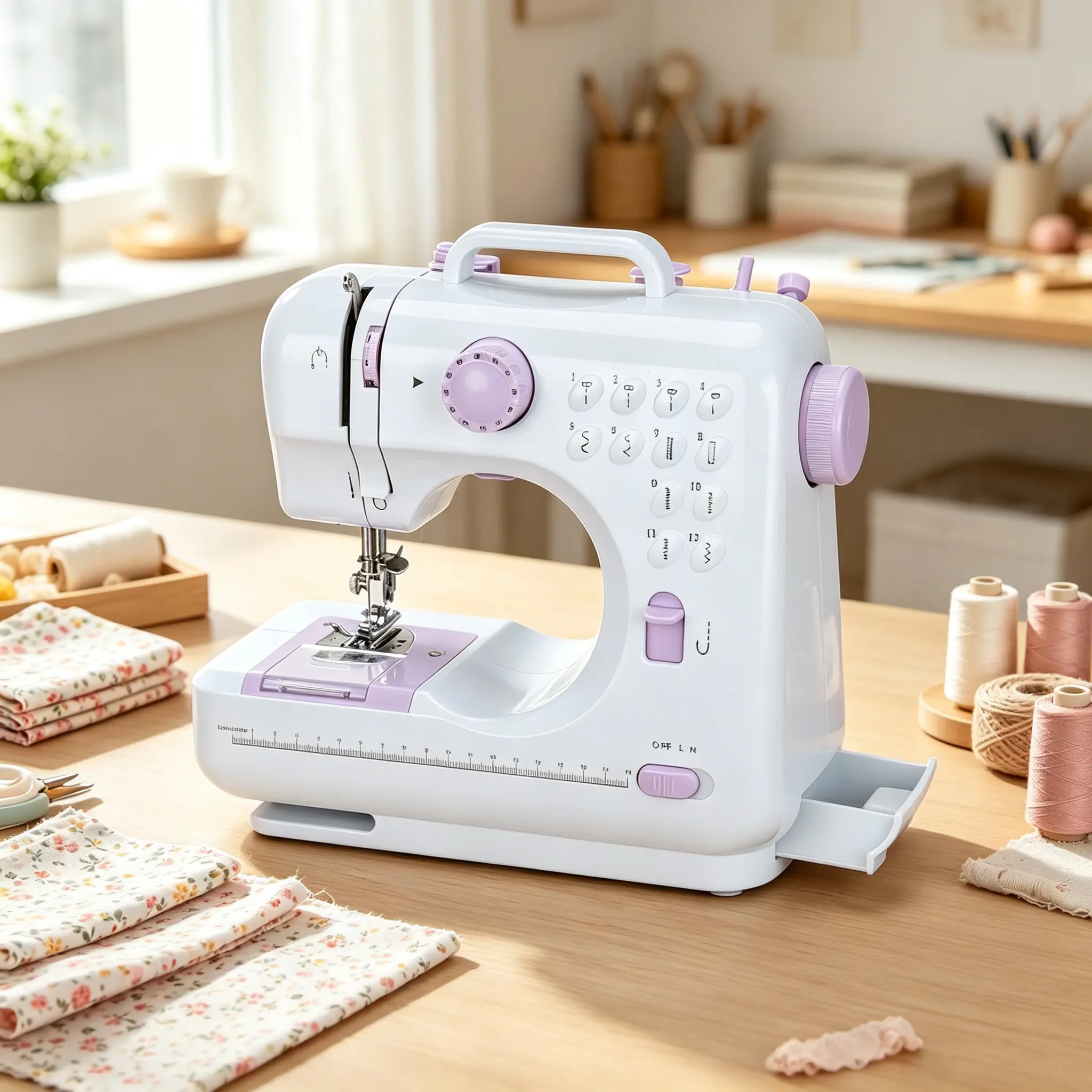 Mini portable home electric overlock sewing machine with 12 built-in practical stitch patterns, user-friendly for beginners and craft enthusiasts, ensuring safe and easy operation throughout embroidery and sewing.
