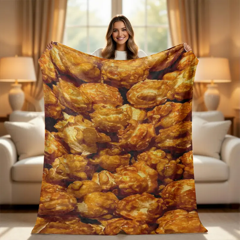 Cozy Caramel Popcorn Food-Shaped Fleece Fabric Blanket - Abrasion Proof, Foodie Theme Flannel Throw for Couch, Home Room Decor with Cozy Aesthetic, Warm Holiday Gift for Popcorn Lovers