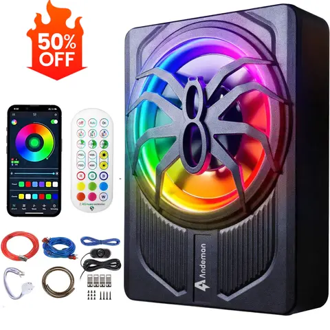 【Summerfinds】ANDEMAN 10in Underseat Car Subwoofer Sound System - 500W Powered Aluminum Unit with Built-in Amplifier, 10" Space Saver, Hi/Lo Input Ready, App Control, Color Ambient Light, 99% Car Compatible