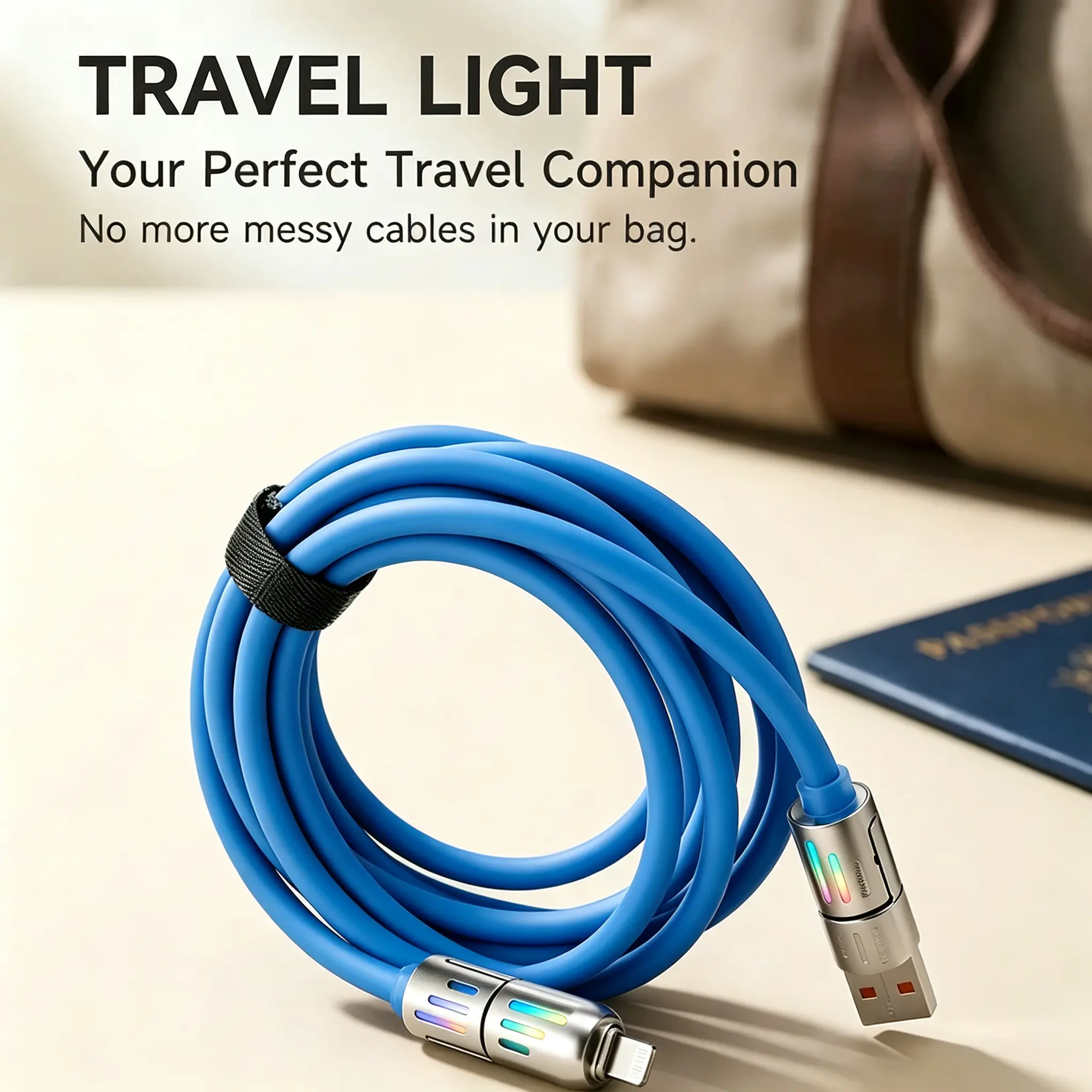 6.6ft 4-in-1 Multi USB Charging Cable - Silicone & Alloy, USB A/Type C/Lightning, MAX65W Fast Charging & Data Sync, Breathing Light for iPhone8-16, iPad Pro, Android Phones, Tablets & Devices