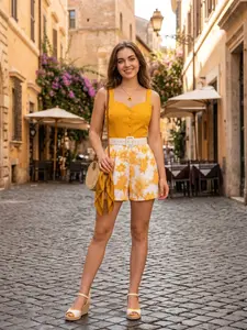 Yellow 1950s Spaghetti Strap Floral Romper