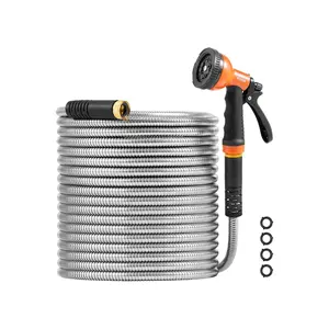 VEVOR Metal Garden Hose 50 ft, Rust Proof Stainless Steel Water Hose, Heavy Duty Backyard Hose with 10 Function Nozzle, No-Kink & Flexible Water Pipe, Lightweight Metal Hose for Yard, Outdoor