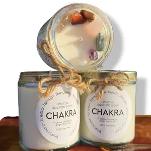 Chakra Crystal Candle | Soy Wax Healing Candle with Crystals | Amethyst Point & Tumbled Stones | Spiritual Gift, Meditation, Energy Balance