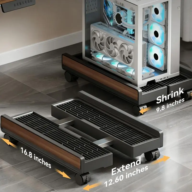 Gaming PC Stand with Wheels - Black & Wood Finish, Computer Accessory for Gaming PC Organization & Aesthetic Enhancement