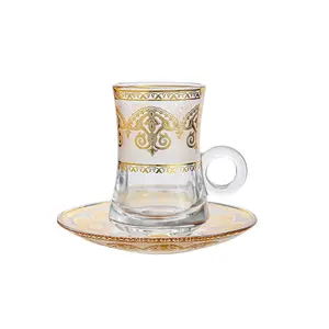 Gold Vintage Turkish Tea Glasses Cups and Saucers Drinking Glassware Party Adults Fancy Serving Coffee Tray Drinks Kettle Women Christmas Gift Teacup Handle Moroccan Drinkware Rim