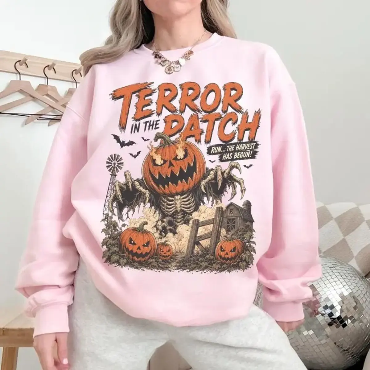 Halloween Pumpkin Skeleton Sweatshirt, Terror In The Patch Graphic Crewneck, Vintage Spooky Fall Pullover Sweater, Unisex Long Sleeve Crewneck Shirt